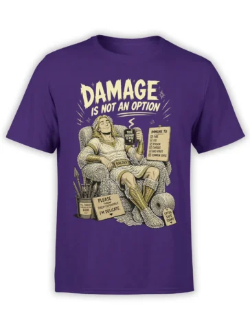 Purple Balder mythology T-shirt with radiant figure, threat checklist, and “Damage Is Not An Option” text