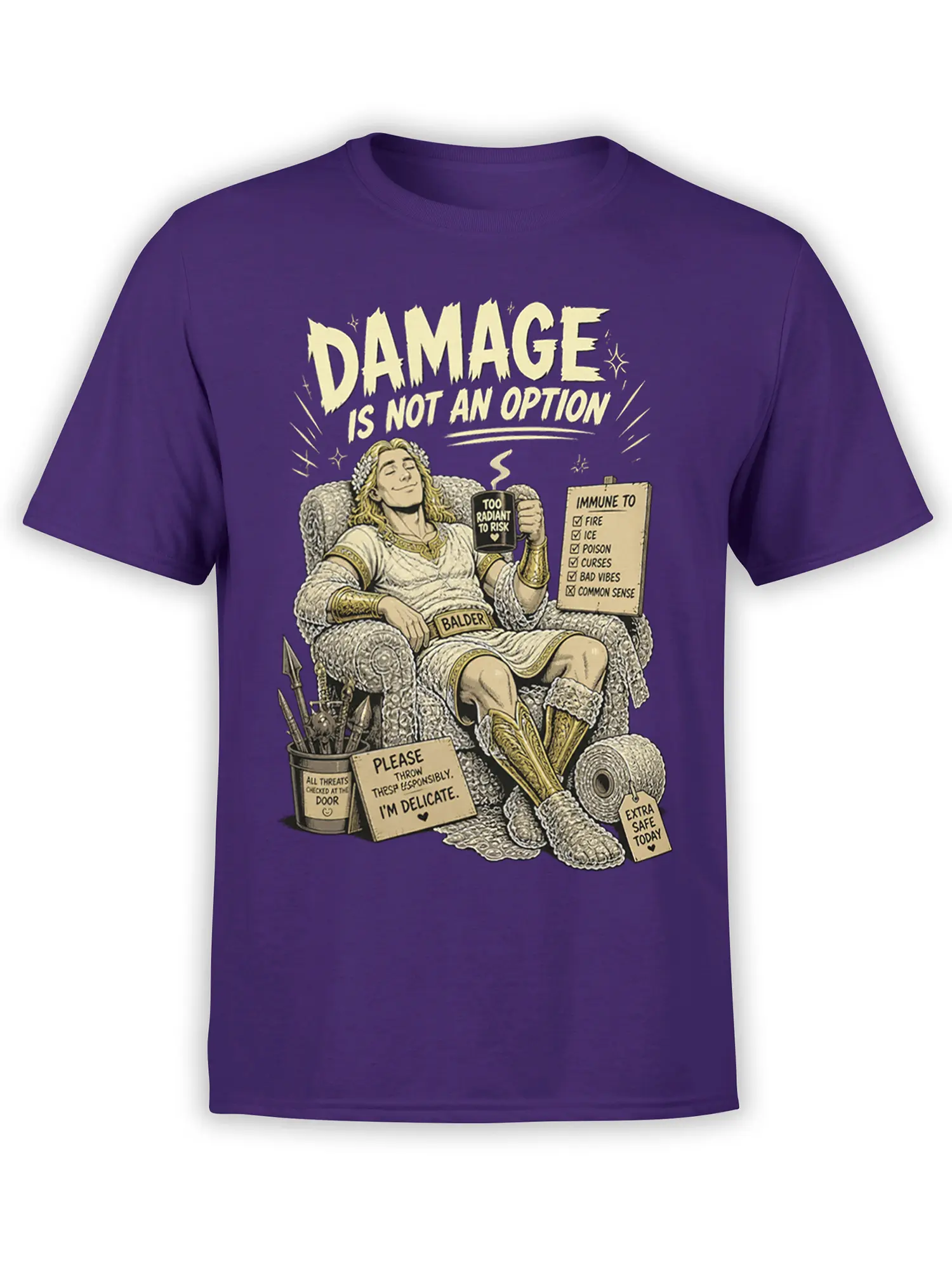 Purple Balder mythology T-shirt with radiant figure, threat checklist, and “Damage Is Not An Option” text