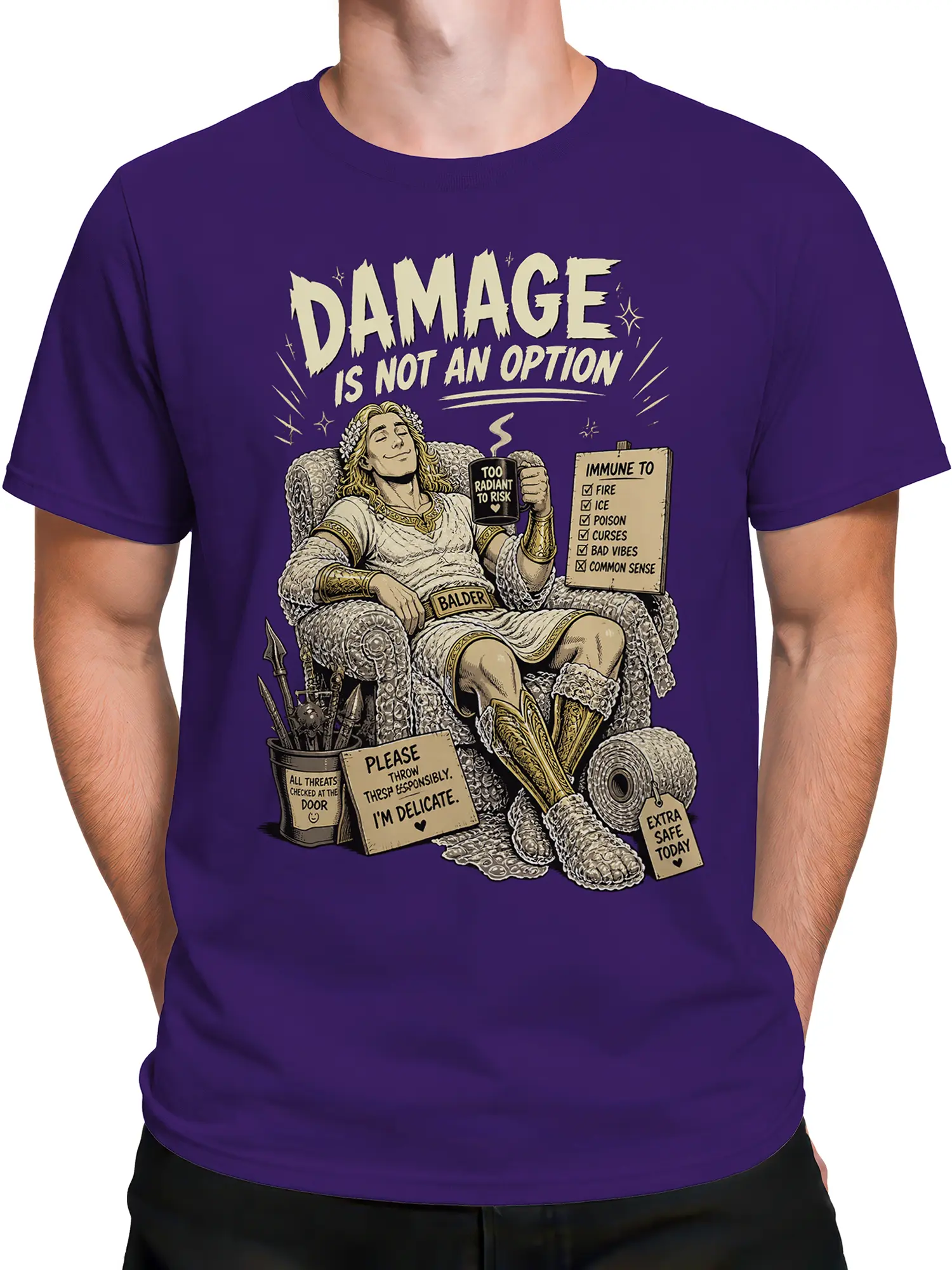 Male torso wearing a purple Balder mythology shirt with radiant figure and “Damage Is Not An Option” design