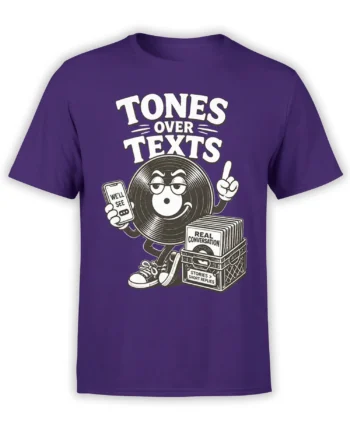 Purple T-shirt with a black-and-white vinyl record character and “TONES OVER TEXTS” graphic