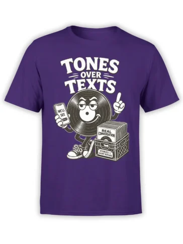 Purple T-shirt with a black-and-white vinyl record character and “TONES OVER TEXTS” graphic