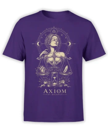 Purple Libra T-shirt with a blindfolded figure, cosmic scales, heart, feather, hourglass, and gold AXIOM OF BALANCE text