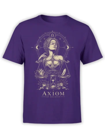 Purple Libra T-shirt with a blindfolded figure, cosmic scales, heart, feather, hourglass, and gold AXIOM OF BALANCE text