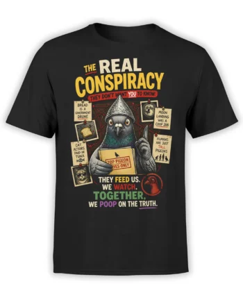 Vintage pigeon conspiracy graphic on a black T-shirt with secret notes, a pigeon folder, and humorous lettering