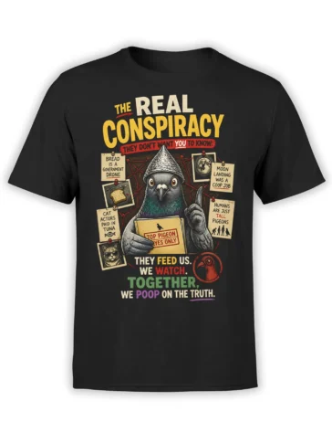 Vintage pigeon conspiracy graphic on a black T-shirt with secret notes, a pigeon folder, and humorous lettering