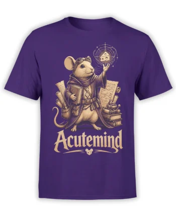 Purple shirt with a robed mouse wizard holding floating cheese above books, scrolls, and magical orbital lines