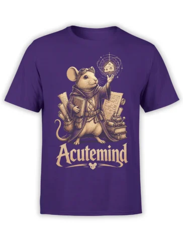 Purple shirt with a robed mouse wizard holding floating cheese above books, scrolls, and magical orbital lines