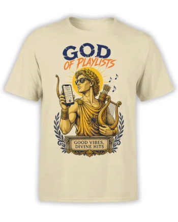 Beige T-shirt with mythic lyre player, playlist phone, laurel wreath, and good vibes graphic