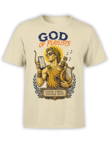 Beige T-shirt with mythic lyre player, playlist phone, laurel wreath, and good vibes graphic
