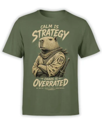 Olive green capybara samurai T-shirt with sword, scarf, and “Calm Is Strategy” graphic lettering