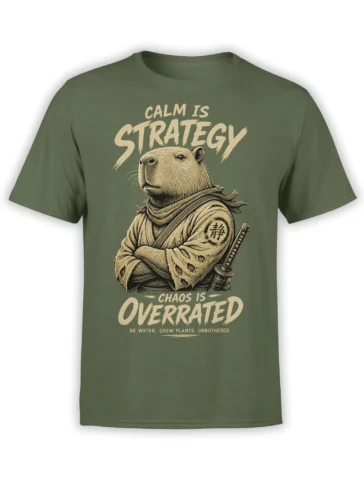 Olive green capybara samurai T-shirt with sword, scarf, and “Calm Is Strategy” graphic lettering