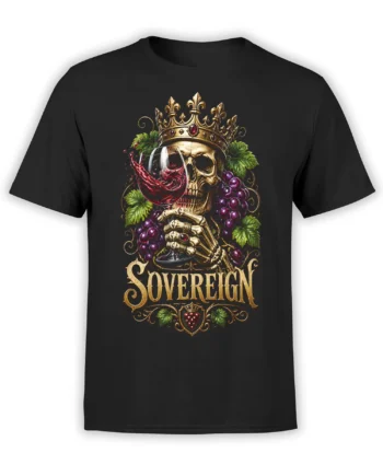 Black T-shirt with a crowned skull holding red wine among grapes and ornate gold SOVEREIGN lettering