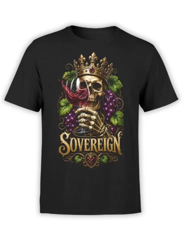 Black T-shirt with a crowned skull holding red wine among grapes and ornate gold SOVEREIGN lettering