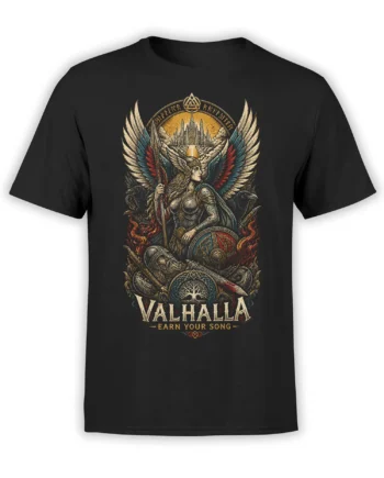 Black T-shirt with a detailed winged Viking warrior, ravens, weapons, shield, flames, and Valhalla text