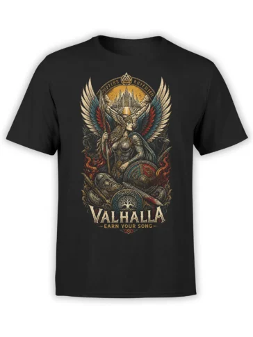 Black T-shirt with a detailed winged Viking warrior, ravens, weapons, shield, flames, and Valhalla text