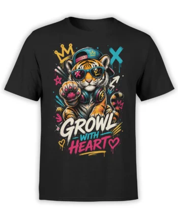 Black tiger graphic tee with crowned tiger, sunglasses, headphones, colorful graffiti, and GROW WITH HEART lettering