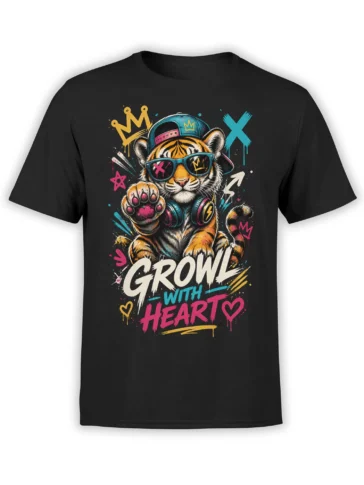 Black tiger graphic tee with crowned tiger, sunglasses, headphones, colorful graffiti, and GROW WITH HEART lettering