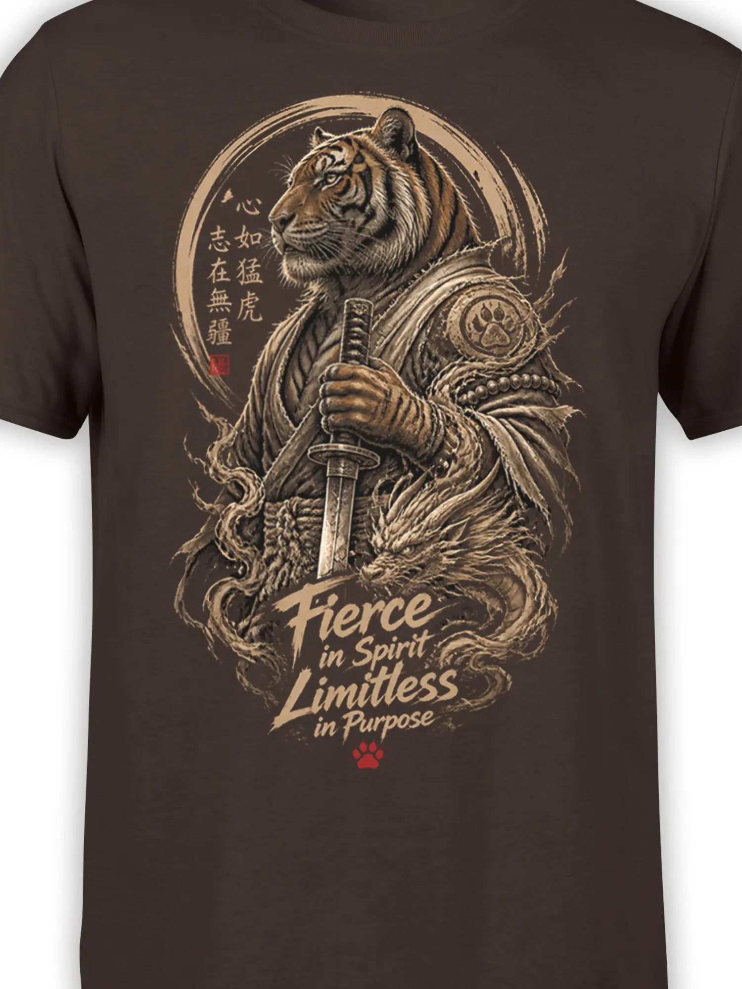 Close-up of tiger samurai warrior and dragon graphic with calligraphy on a brown T-shirt