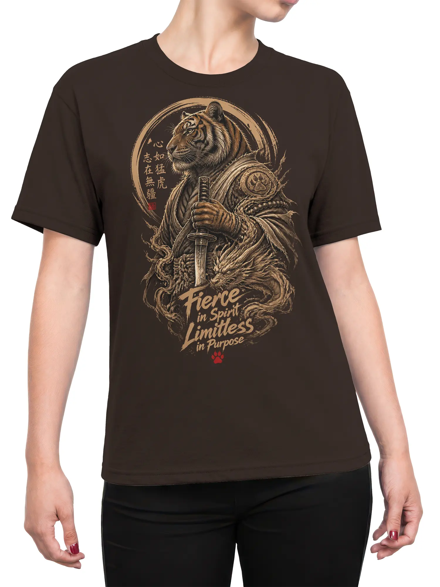 Female torso wearing a brown tiger samurai T-shirt with dragon artwork and bold warrior lettering