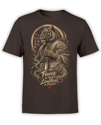 Brown tiger samurai t-shirt with sword, dragon artwork, calligraphy, and fierce spirit lettering