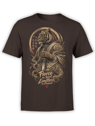 Brown tiger samurai t-shirt with sword, dragon artwork, calligraphy, and fierce spirit lettering