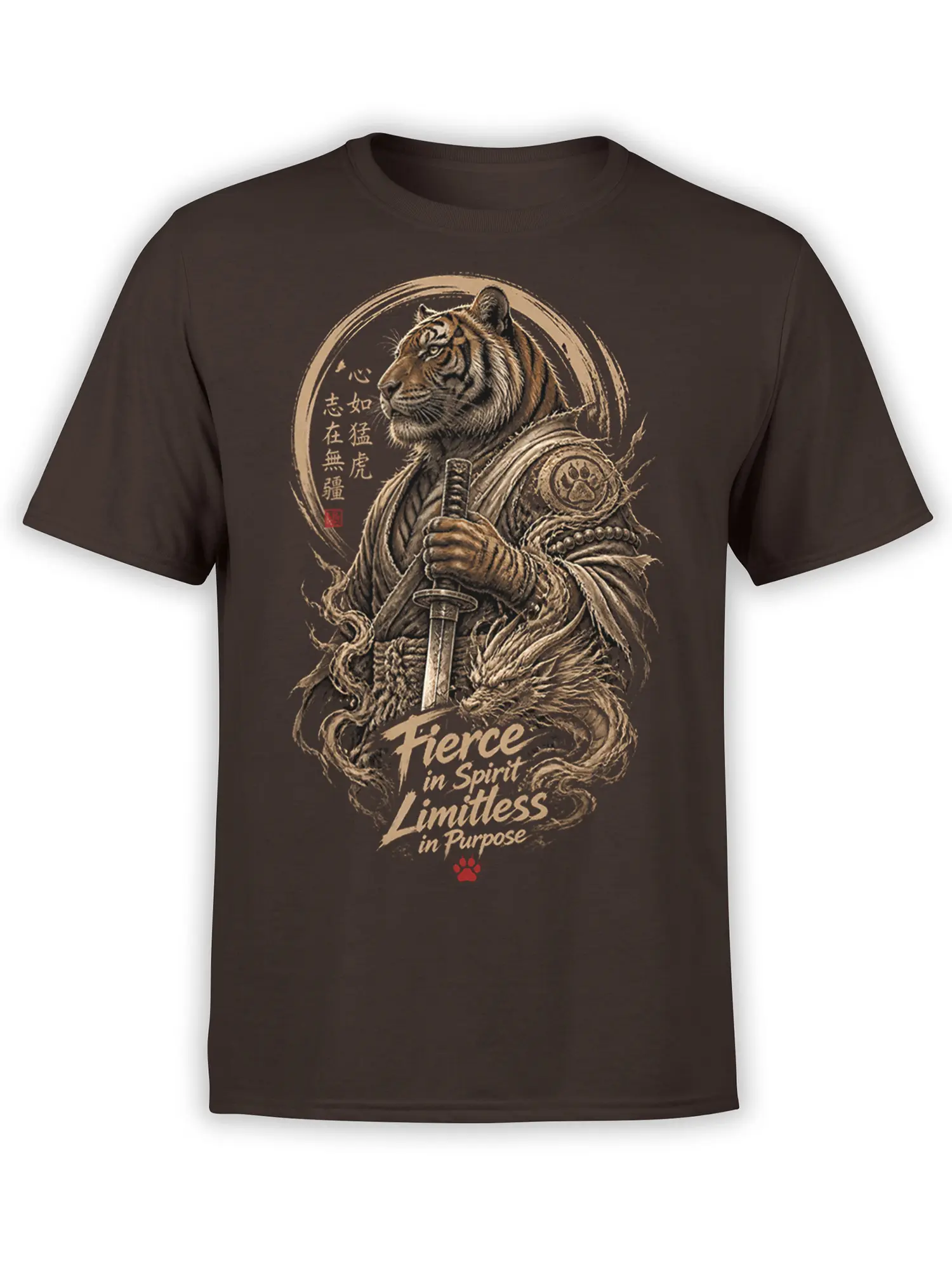 Brown tiger samurai t-shirt with sword, dragon artwork, calligraphy, and fierce spirit lettering