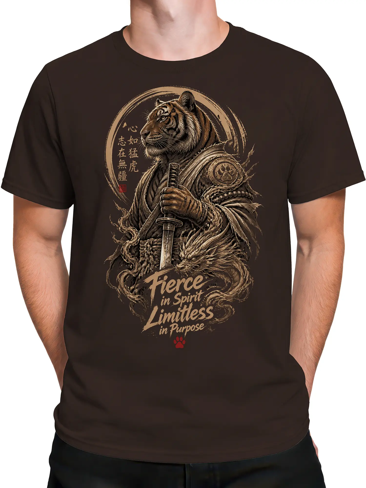 Male torso wearing a brown tiger samurai T-shirt with sword and dragon artwork