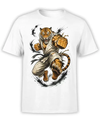 Fierce striped tiger in a martial arts pose printed on a white T-shirt with black brushstroke accents