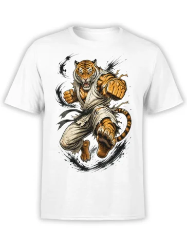 Fierce striped tiger in a martial arts pose printed on a white T-shirt with black brushstroke accents