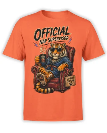 Orange T-shirt with striped tiger in sunglasses, robe, coffee mug, and Official Nap Supervisor lettering