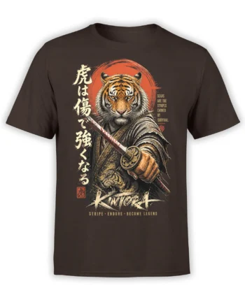 Brown tiger samurai T-shirt with katana, red sun, Japanese-style characters, and survival quote