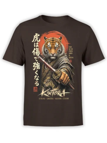 Brown tiger samurai T-shirt with katana, red sun, Japanese-style characters, and survival quote