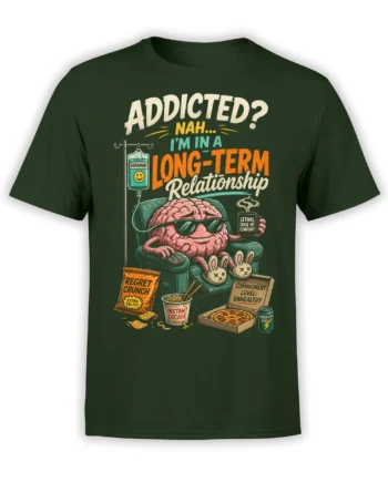 Funny pink brain in sunglasses lounging with snacks and dopamine labels on a dark green graphic T-shirt