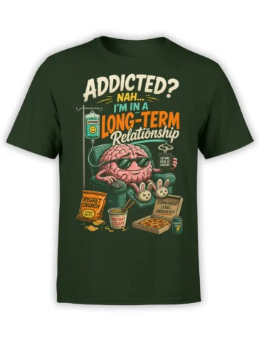 Funny pink brain in sunglasses lounging with snacks and dopamine labels on a dark green graphic T-shirt