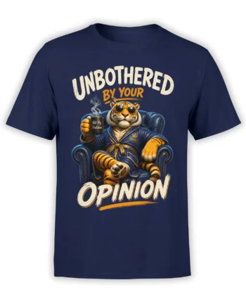 Unbothered striped tiger in sunglasses and robe on a navy graphic T-shirt