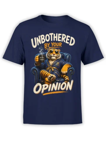 Unbothered striped tiger in sunglasses and robe on a navy graphic T-shirt