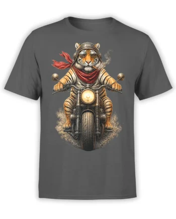 Gray T-shirt with a striped tiger riding a motorcycle in a helmet, goggles, red scarf, and cigar