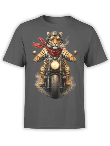 Gray T-shirt with a striped tiger riding a motorcycle in a helmet, goggles, red scarf, and cigar