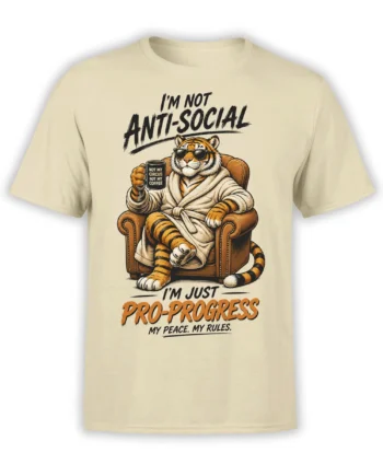 Beige tiger t-shirt with a sunglass-wearing tiger in a robe, coffee mug, armchair, and anti-social quote