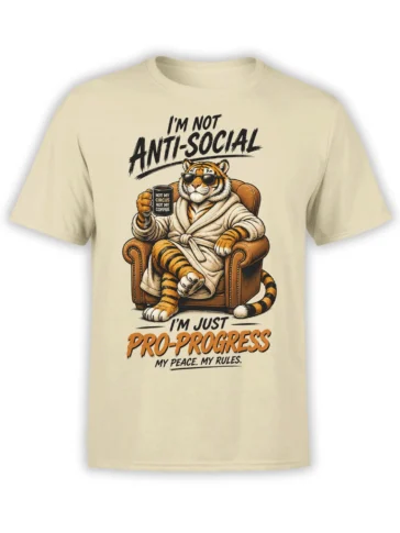 Beige tiger t-shirt with a sunglass-wearing tiger in a robe, coffee mug, armchair, and anti-social quote
