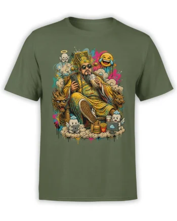 Celestial ruler graphic with dragons, sunglasses, bubble tea, and winged figures on a green T-shirt