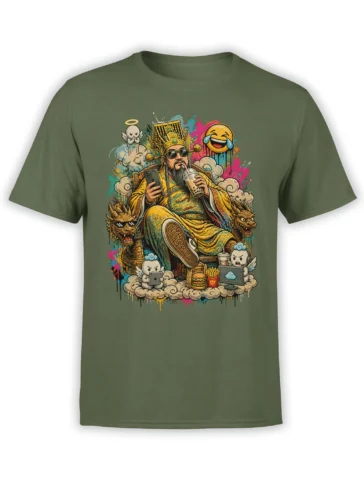Celestial ruler graphic with dragons, sunglasses, bubble tea, and winged figures on a green T-shirt
