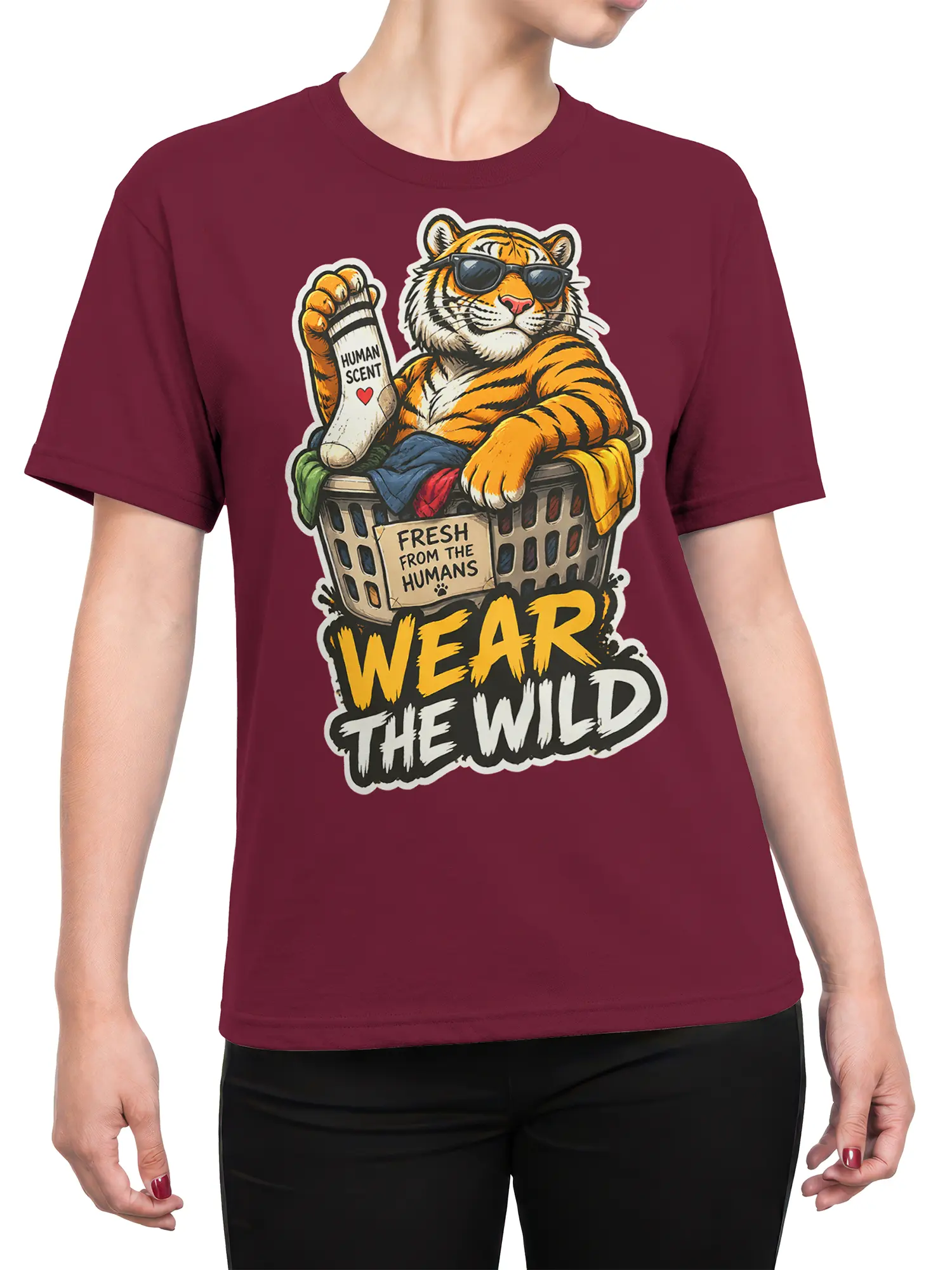 Female torso wearing a burgundy shirt with a sunglasses-wearing tiger in a laundry basket