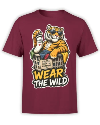 Tiger in sunglasses lounging in a laundry basket on a burgundy shirt with “Wear the Wild” text