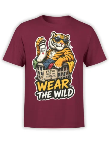 Tiger in sunglasses lounging in a laundry basket on a burgundy shirt with “Wear the Wild” text