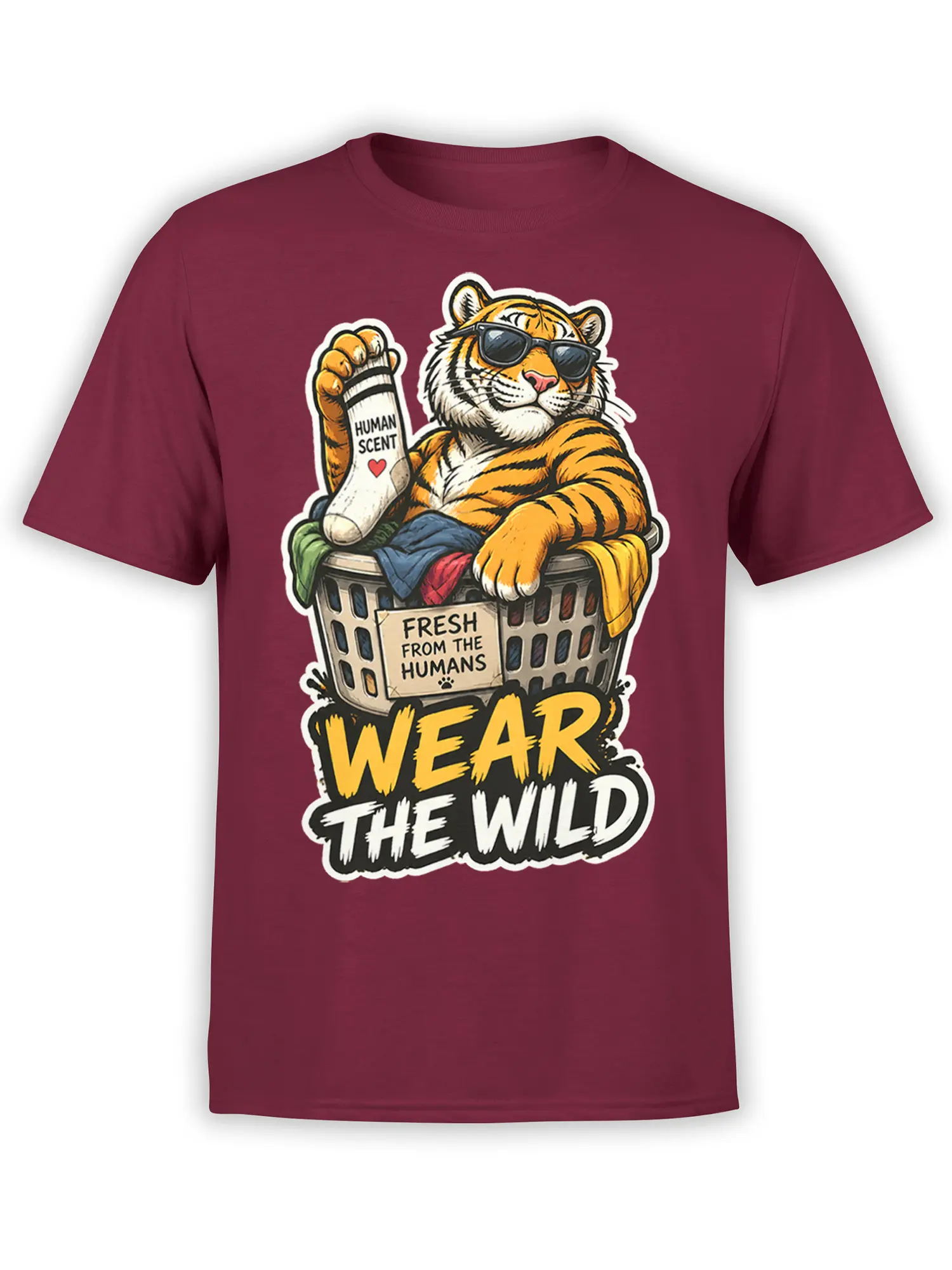 Tiger in sunglasses lounging in a laundry basket on a burgundy shirt with “Wear the Wild” text