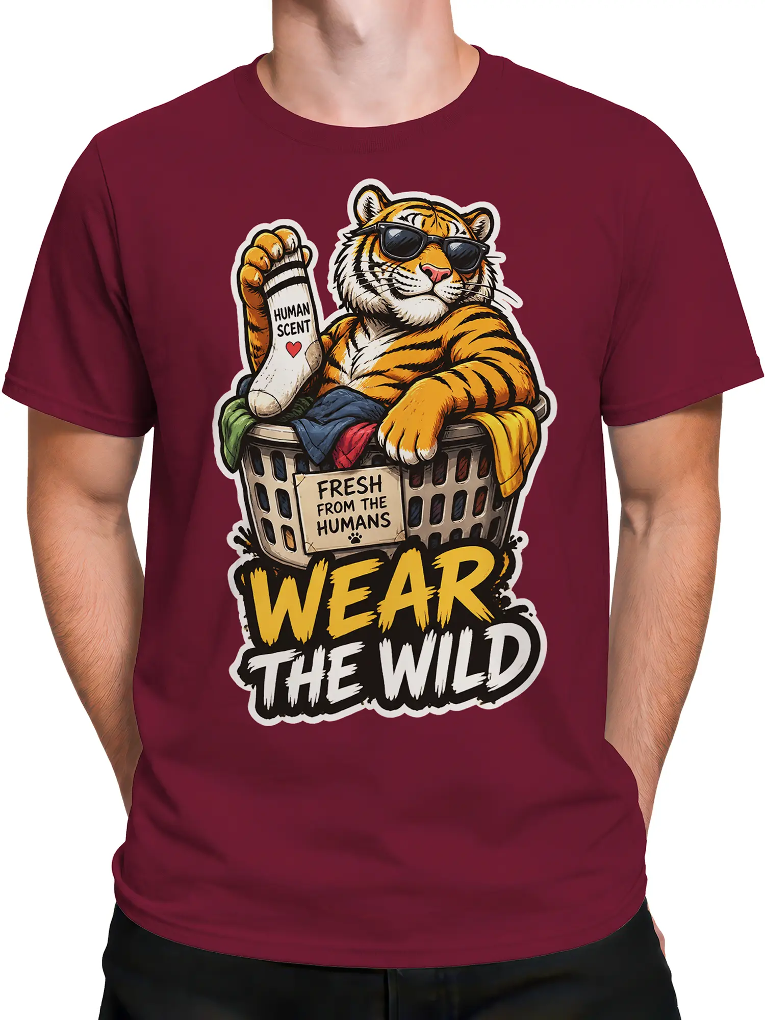 Male torso wearing a burgundy shirt with a tiger, laundry basket, and “Wear the Wild” design