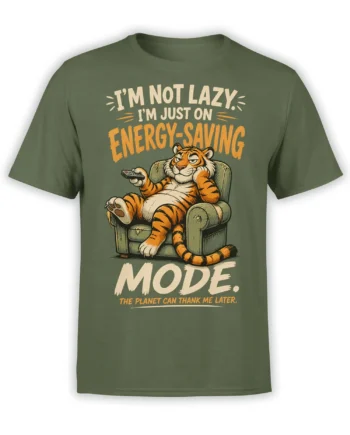 Green T-shirt with lounging tiger, remote control, and funny energy-saving slogan