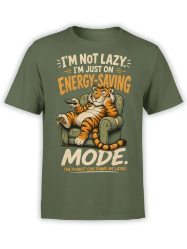 Green T-shirt with lounging tiger, remote control, and funny energy-saving slogan