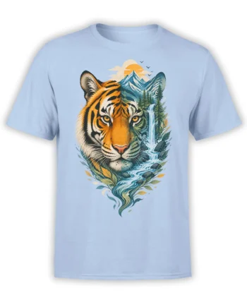 Light blue T-shirt with an artistic tiger portrait surrounded by mountains, pine trees, and waterfalls